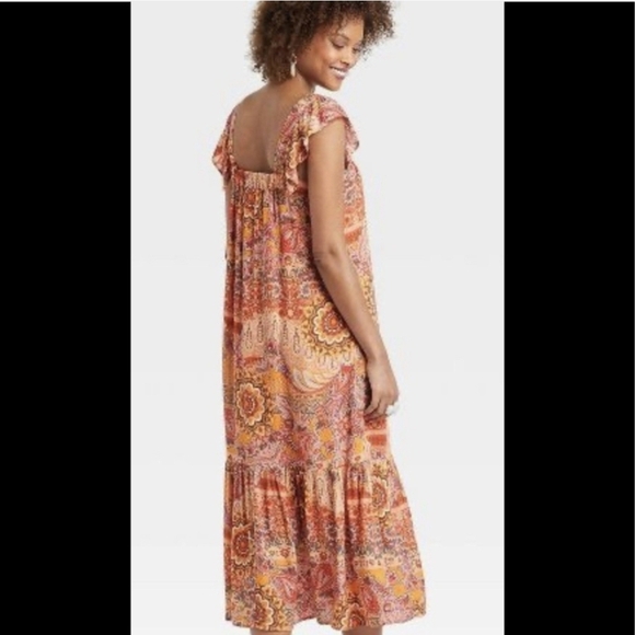 Knox Rose Orange and Pink Patterned Smocked Tiered Flowy Comfortable Sundress - Picture 2 of 9